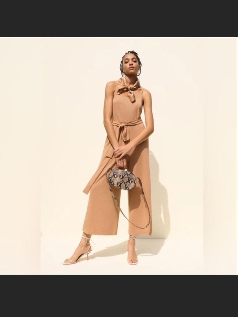 Cuyana Camel V-neck Wide-Leg Jumpsuit with Tie Belt - Camel